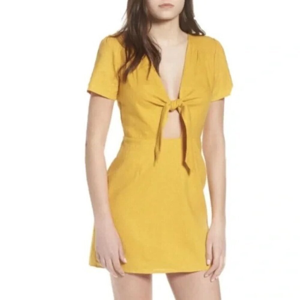 Socialite Tie Front V-Neck Mini Dress Womens S Linen Blend Short Sleeve Mustard